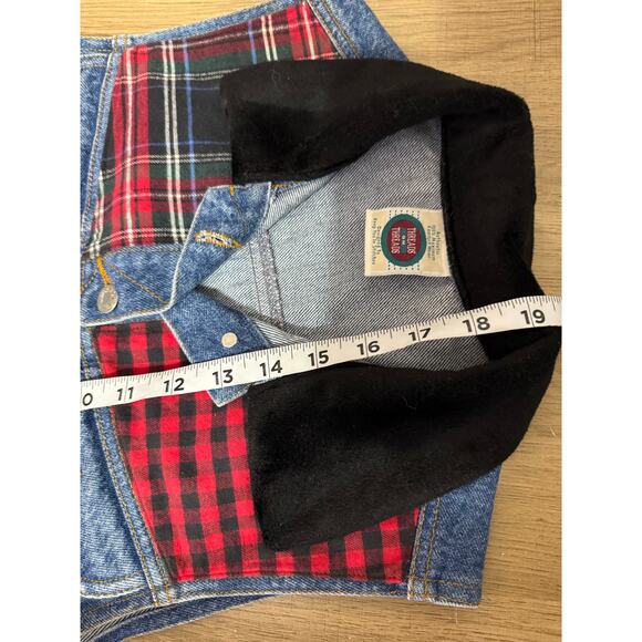 Vintage 90s Threads on Threads Denim Vest S/M Plaid Patchwork Jean Vest Faux - Picture 6 of 6